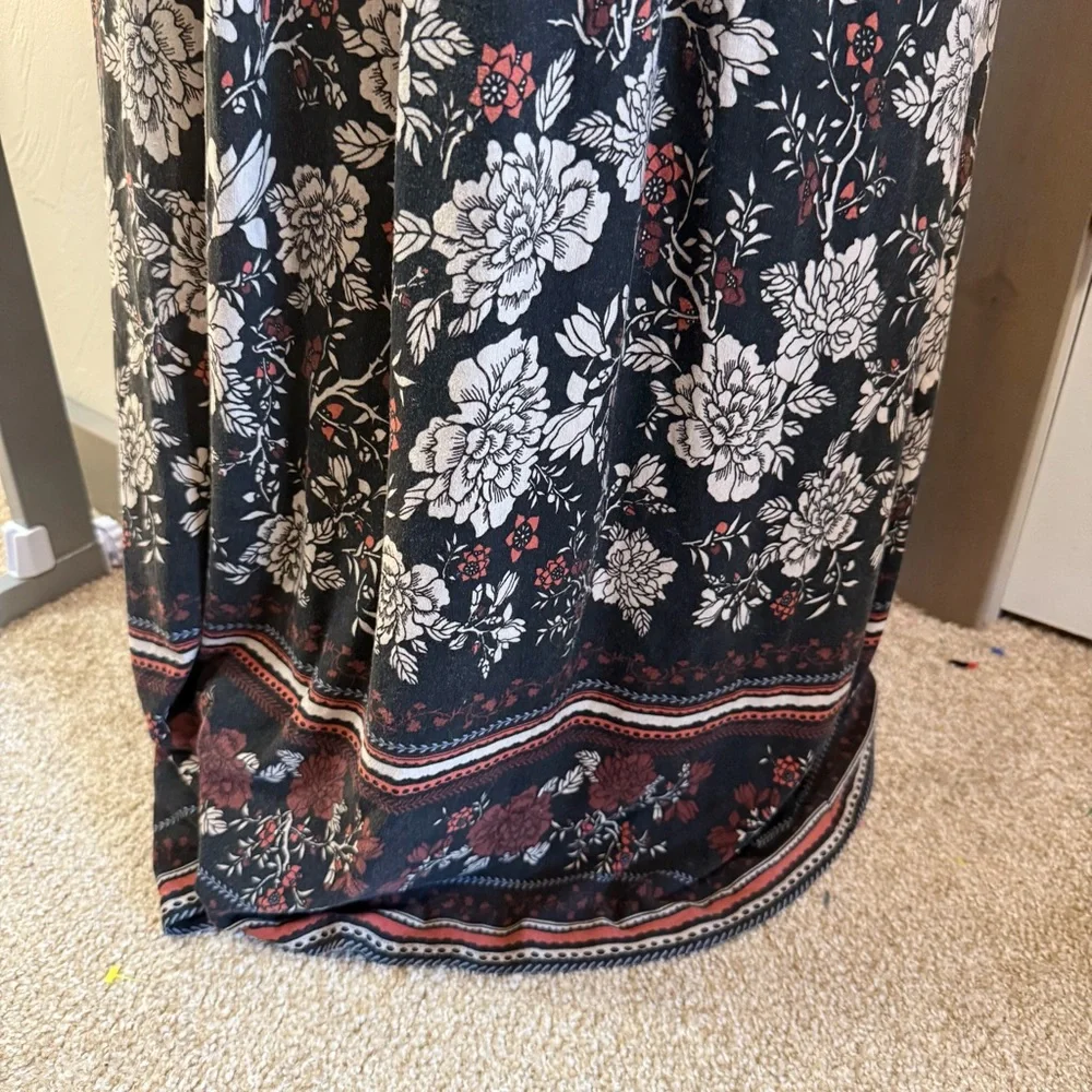 Garnet Hill Dark Floral Sleeveless Maxi Dress‎ Cinch Waist Faux Wrap Top Scoop L